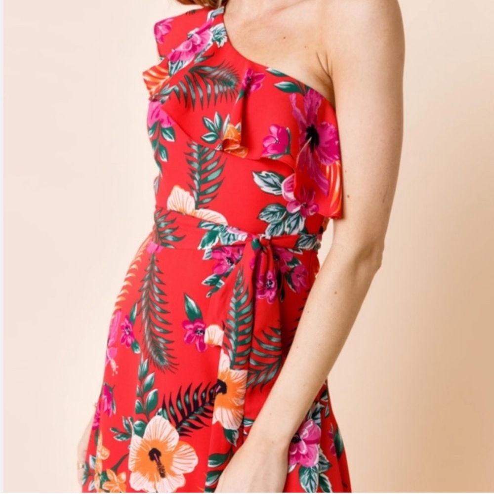 Mi Ami Red Floral One Shoulder Ruffled High Low Dress - Picture 3 of 9